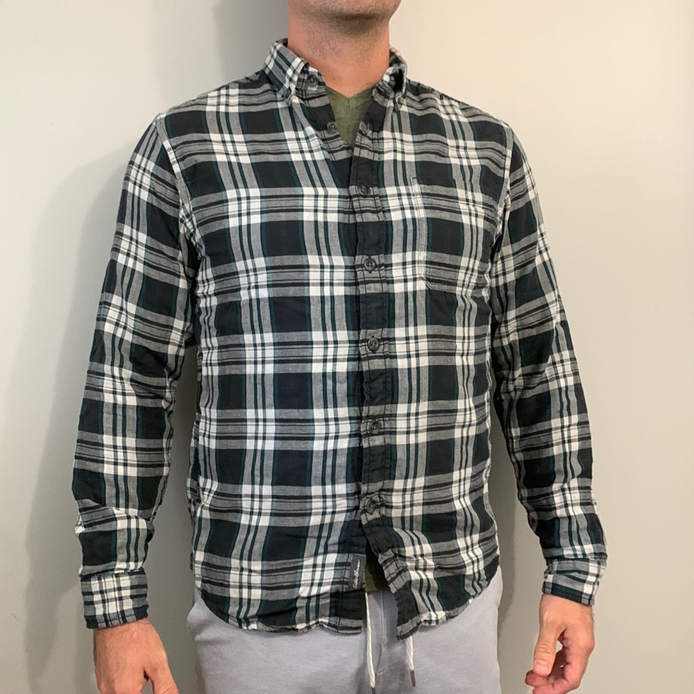 Eddie Bauer teal and gray plaid